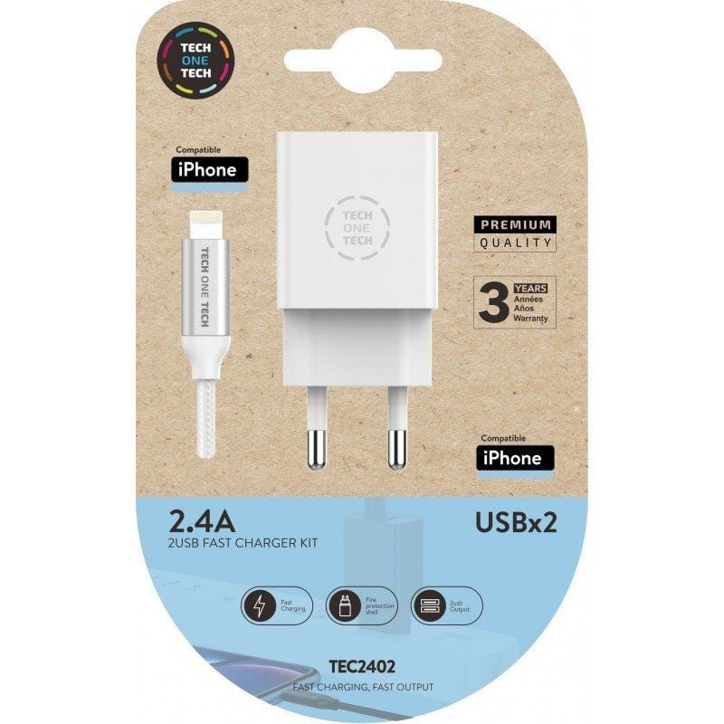 Cargador de pared tech one tech tec2402/ 2xusb + cable lightning/ 2.4a/ blanco
