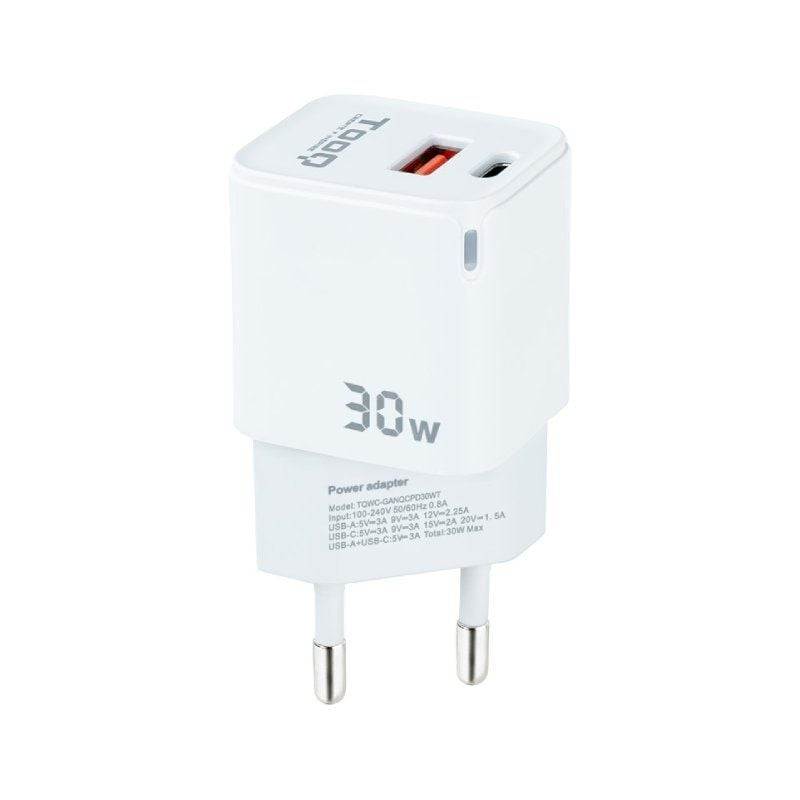 Cargador de pared tooq tqwc-ganqcpd30wt/ 1xusb tipo-c/ 1xusb/ 30w