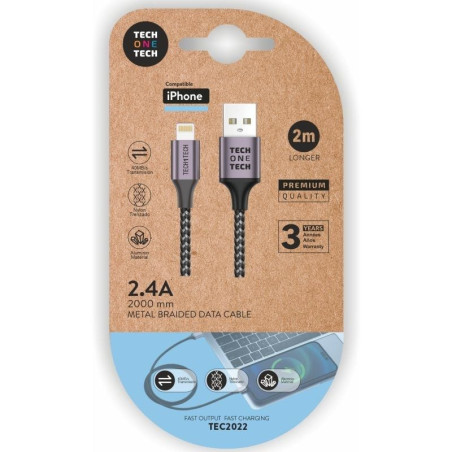 Cable usb 2.0 tech one tech tec2022/ usb macho - lightning macho/ 2m/ gris