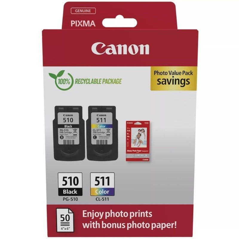 Cartucho de tinta original canon pg-510 + cl-511 multipack/ negro/ tricolor + papel fotográfico