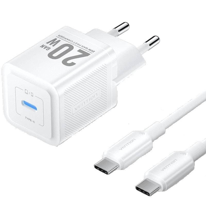 Cargador gan de pared vention tz-fepw0-eu-01/ 1xusb tipo-c + cable usb tipo-c/ 20w