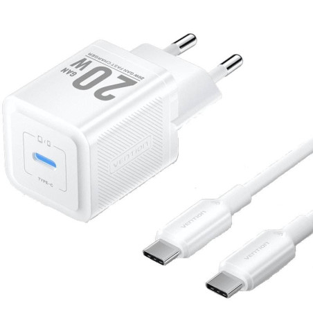 Cargador gan de pared vention tz-fepw0-eu-01/ 1xusb tipo-c + cable usb tipo-c/ 20w