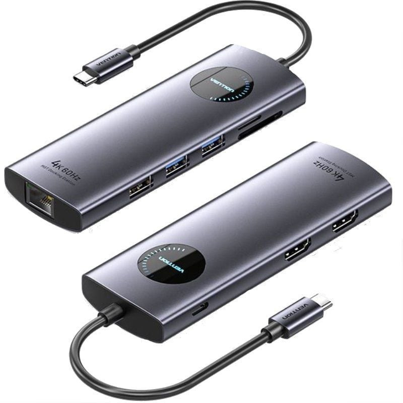 Docking usb tipo-c vention tqvhb/ 2xhdmi/ 3xusb/ 1xrj45/ 1xlector de tarjetas/ 1xusb tipo-c pd/ gris