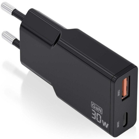 Cargador gan de pared aisens asch-30w2p047-bk/ 1xusb tipo-c/ 1xusb/ 30w/ negro